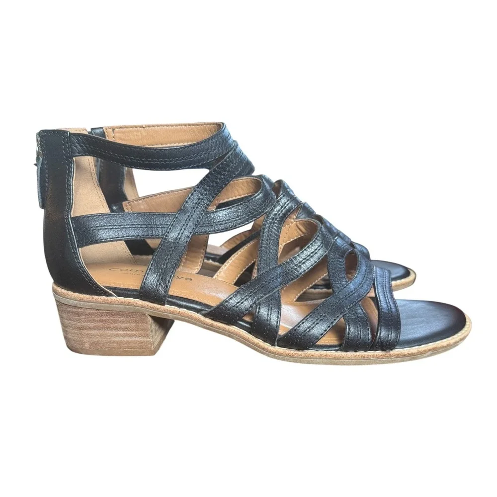 Comfortiva Womens Fayth Black Leather Strappy Gladiator Block Heel Sandals 8
